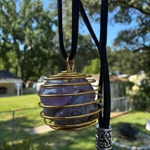 Amethyst Gold Caged Stone Pendant Necklace